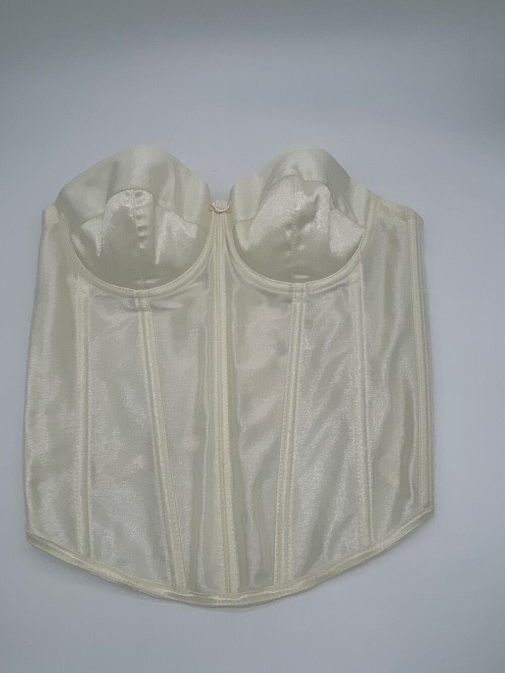 Frederick’s of Hollywood Corset Bustier 34C Ivory Satin Boned Lingerie Strapless